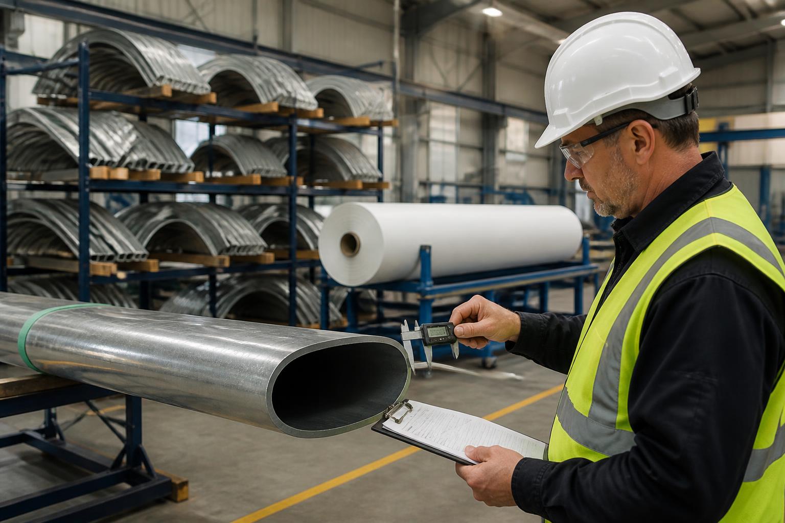 Quality-control inspection of oval structural steel during fabric-building manufacturing