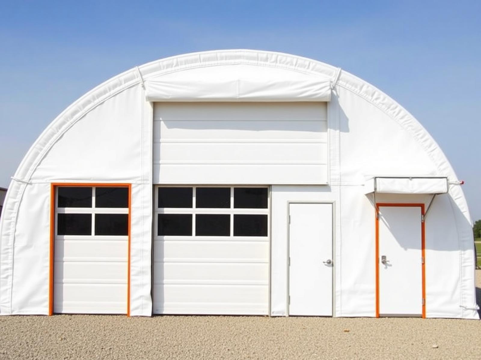Building Depot fabric dome with overhead garage door, pedestrian side door and snow deflector