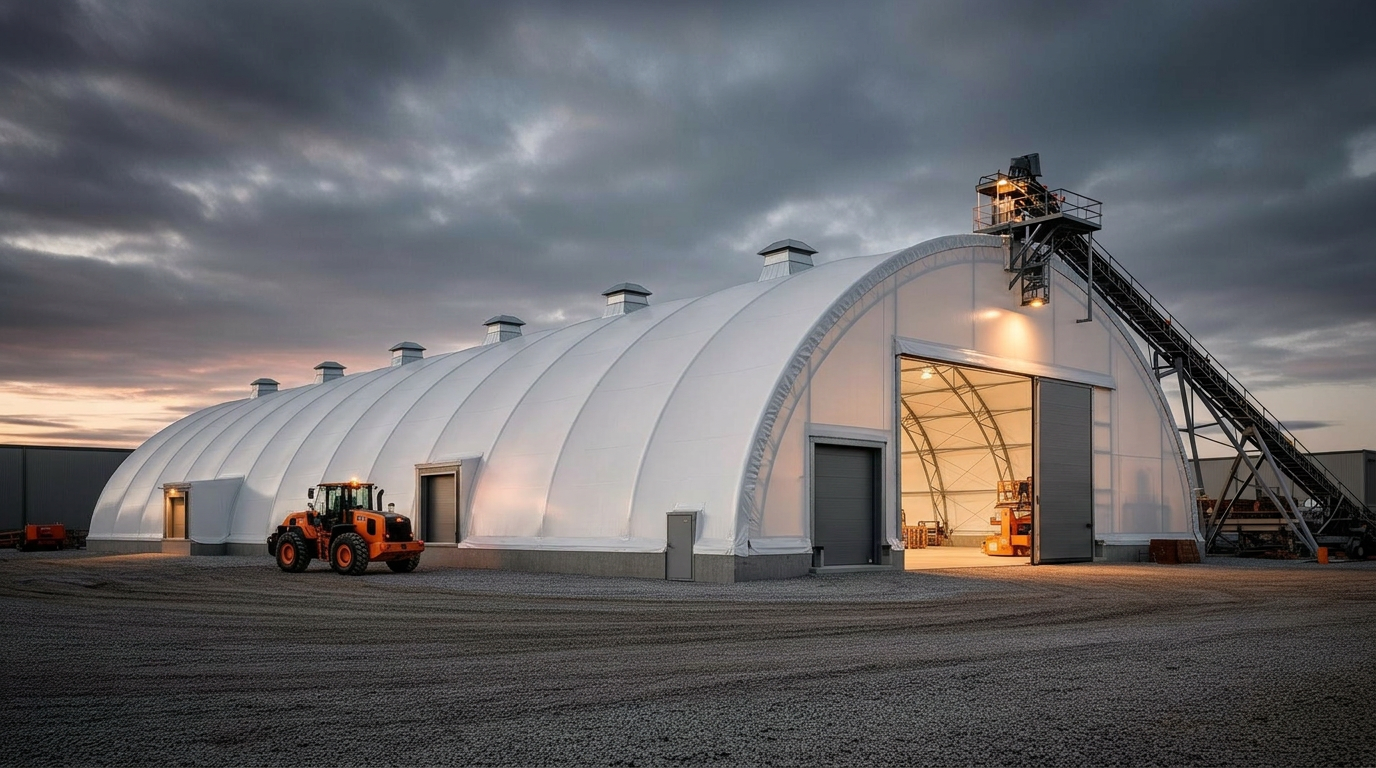 Building Depot fabric dome with end-wall door, side door, ventilation and conveyor opening integrated