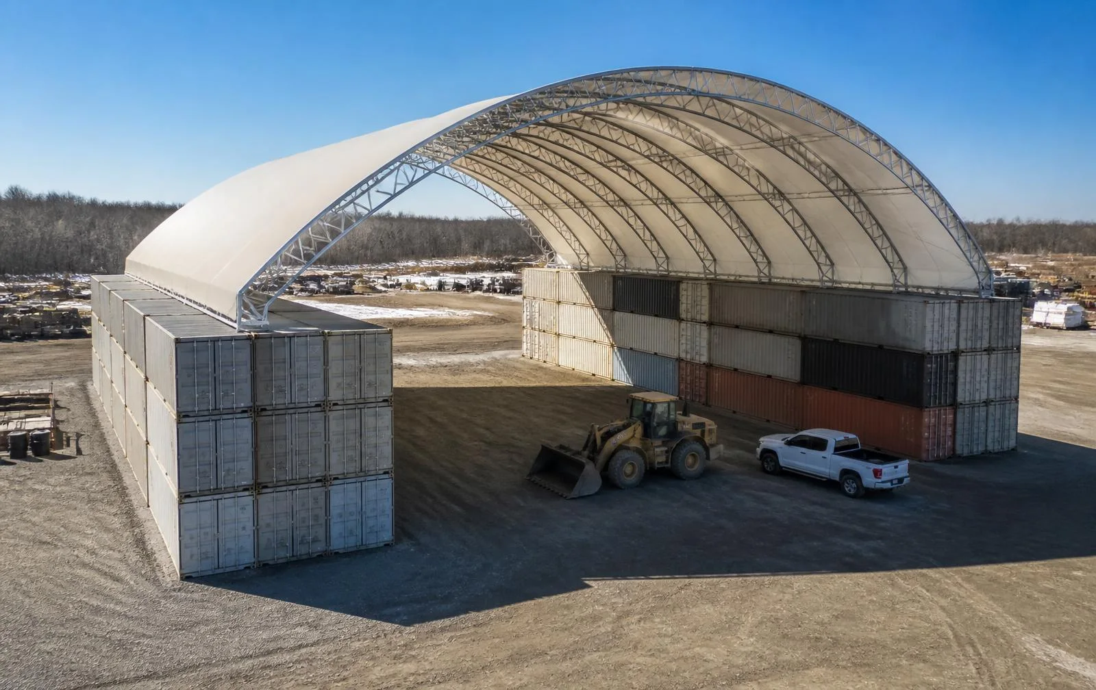 Container-Mounted Roofing — engineered MegaDome fabric buildings installed across Ontario by Building Depot