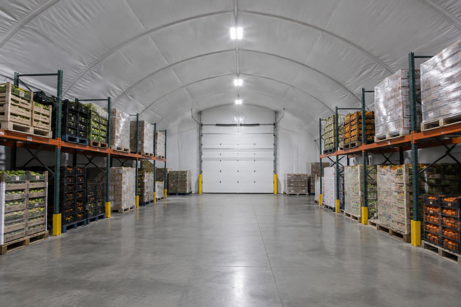 Insulated fabric cold storage interior with liner ceiling, LED lighting and racked produce pallets