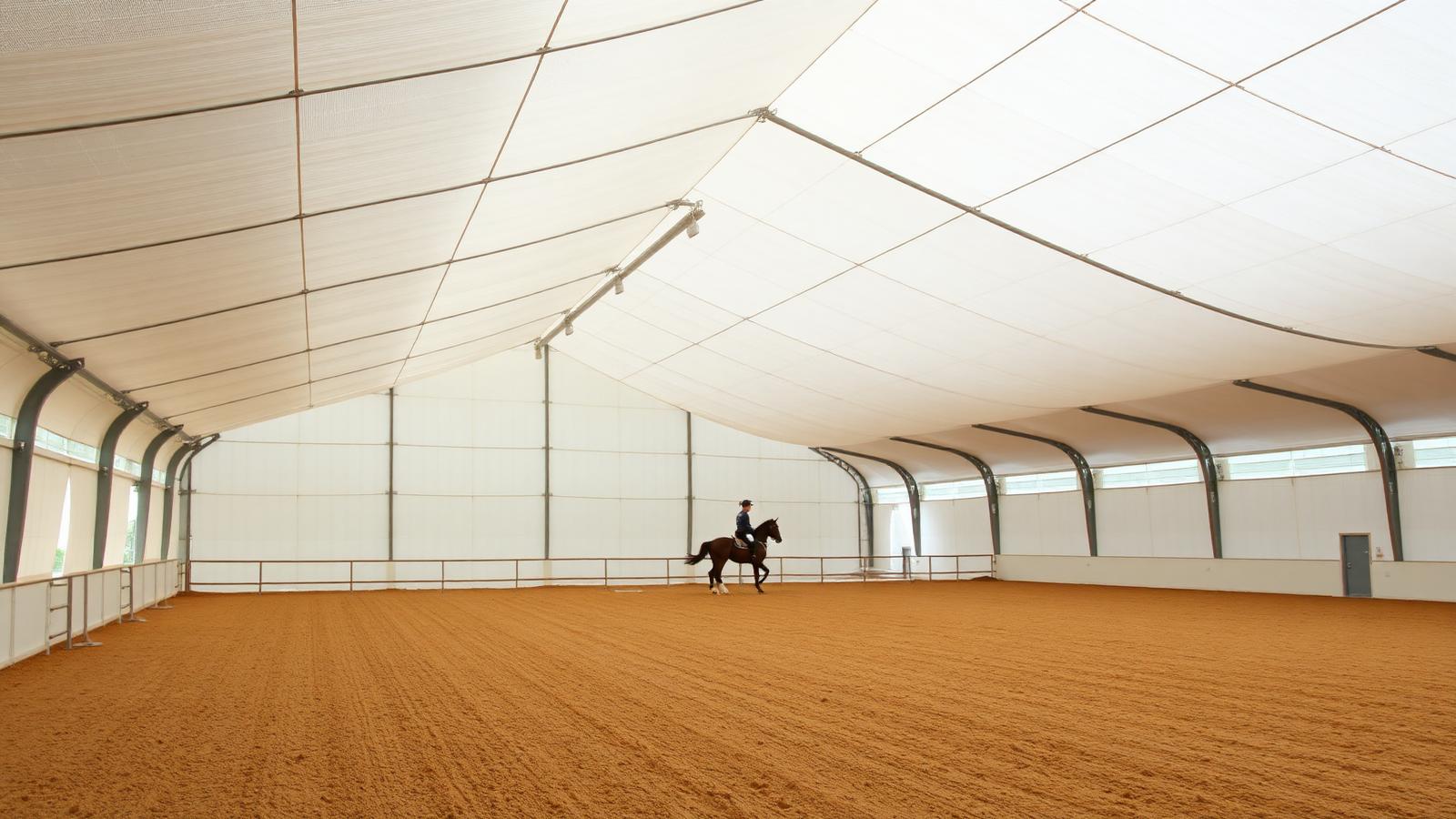 Building Depot fabric riding arena interior with horse and rider