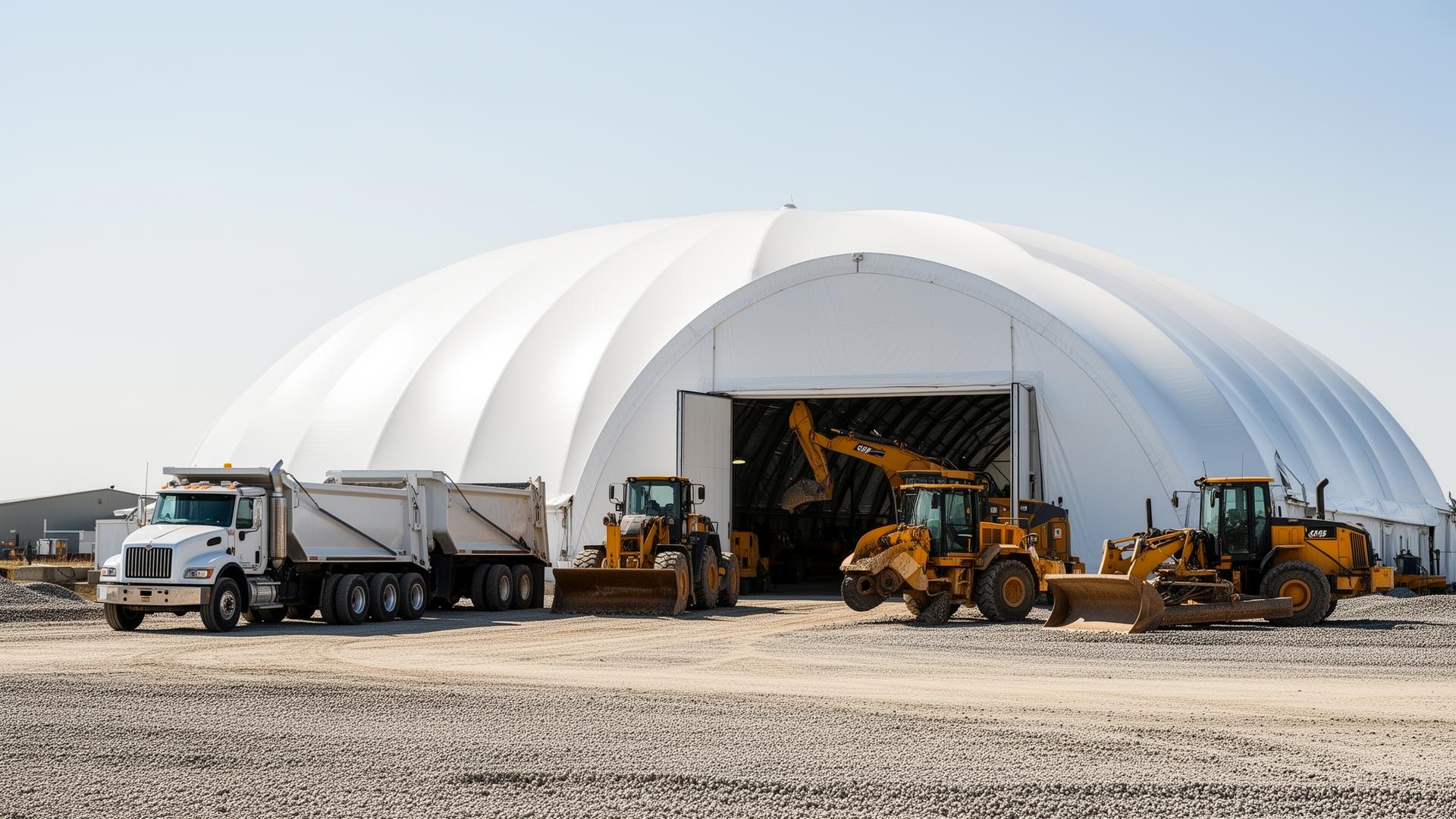 Ontario heavy equipment storage fabric building with loader and aggregate
