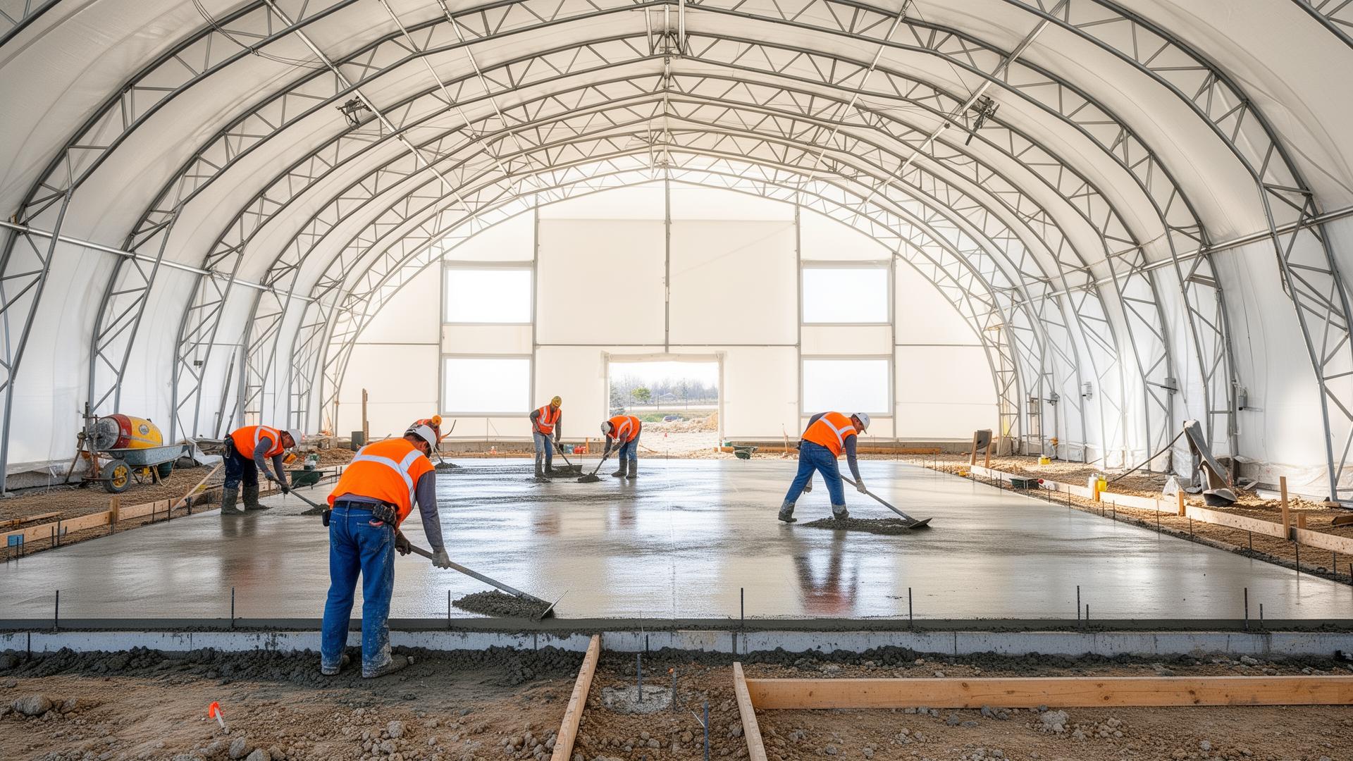 Building Depot crew finishing a poured concrete slab inside a fabric building