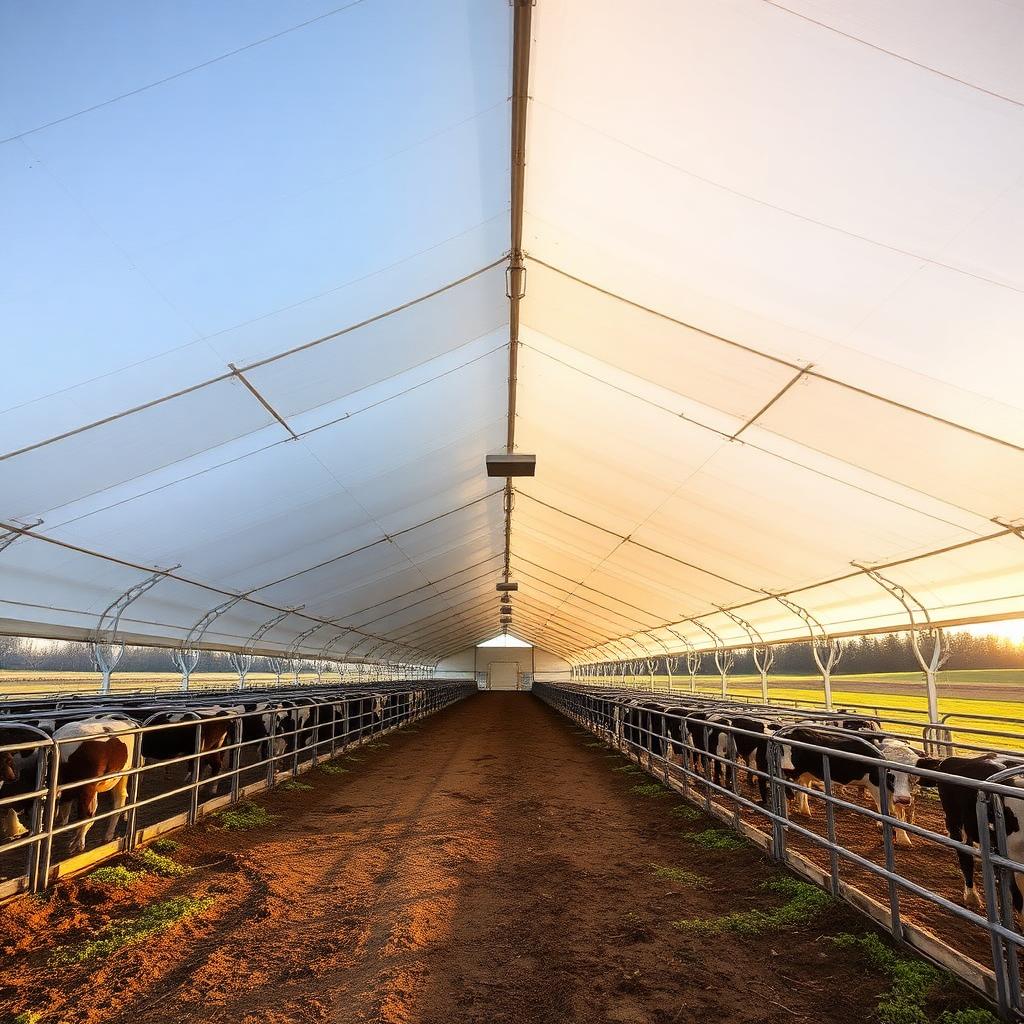 Free-Stall Dairy Barn — 80' W × 240' L × 22' H fabric building installed by Building Depot in Wellington County, ON