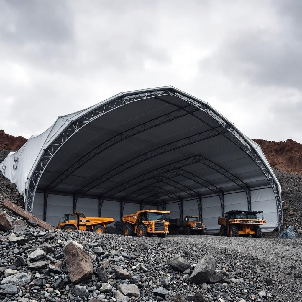 Mining Equipment Shelter — 100' W × 220' L × 32' H fabric building installed by Building Depot in Sudbury Basin, ON