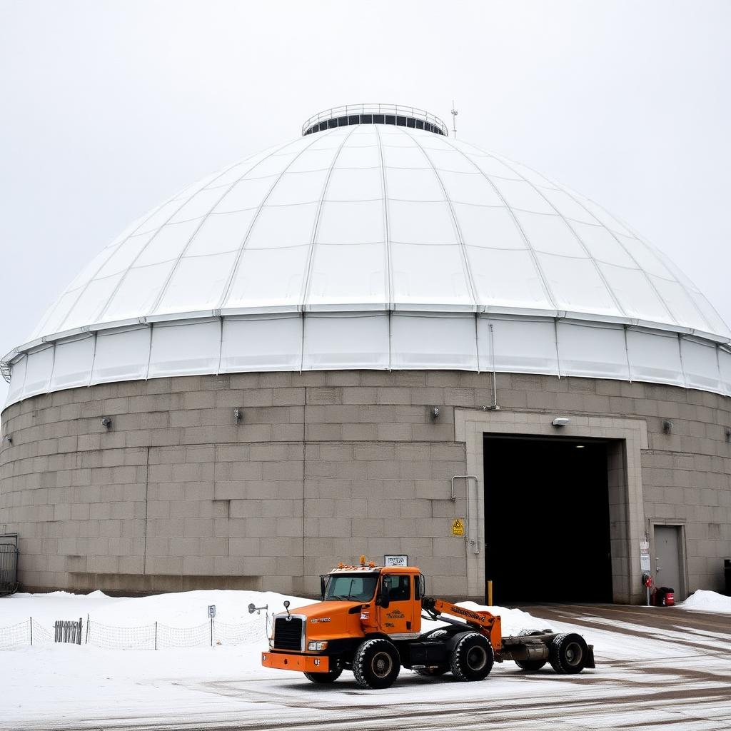 Municipal Salt Storage Dome — 70' W × 120' L × 28' H fabric building installed by Building Depot in Ottawa Valley, ON