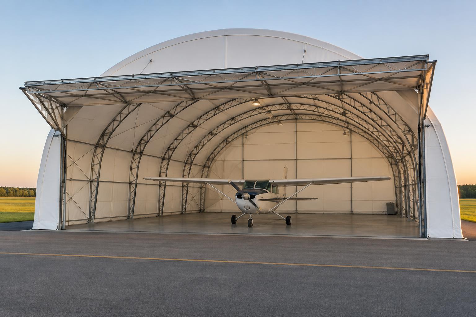 Fabric aircraft hangar with a full-width bi-fold door fully open and a light aircraft parked inside on the apron edge