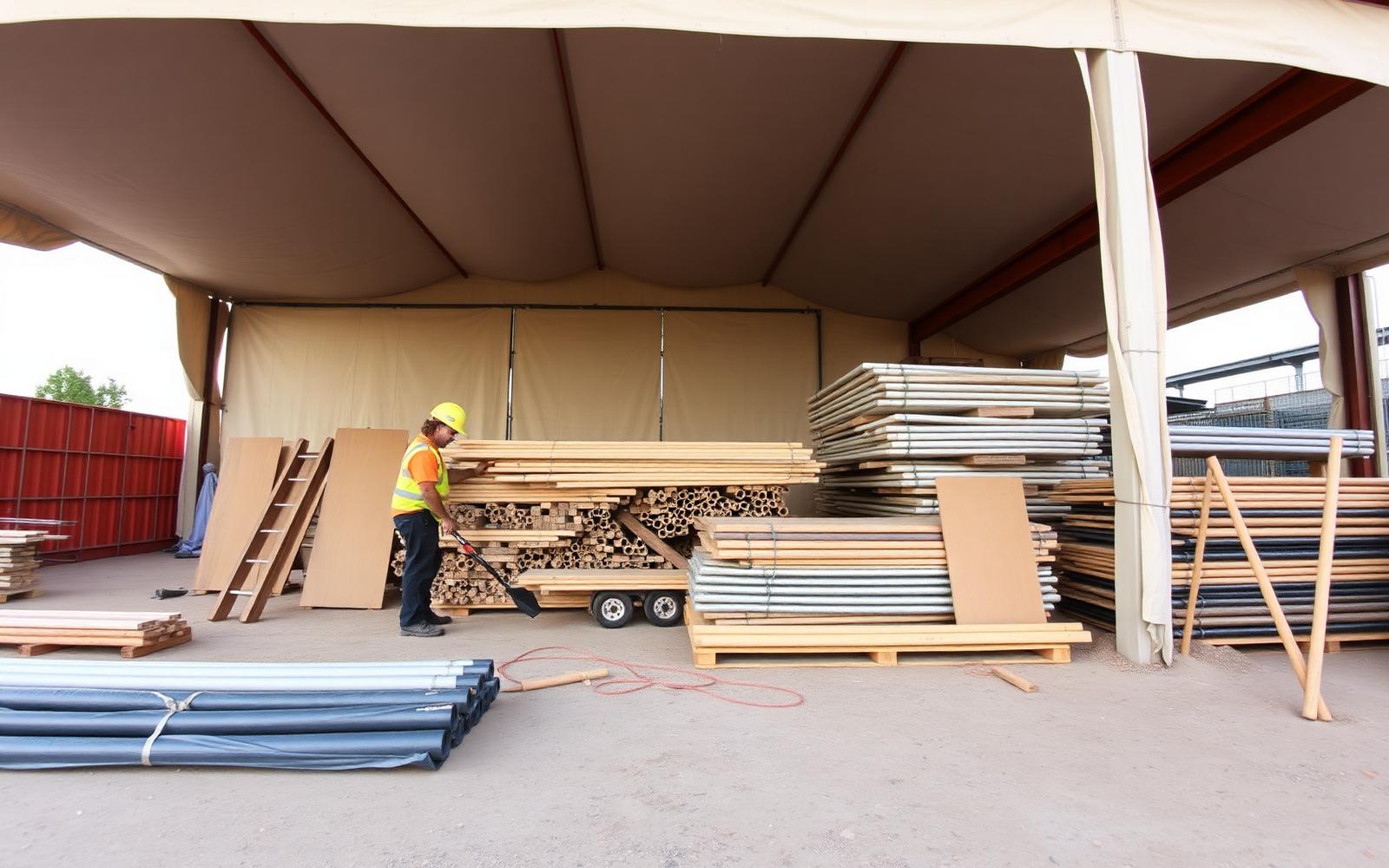 Fabric construction jobsite storage building installed in Ontario by Building Depot