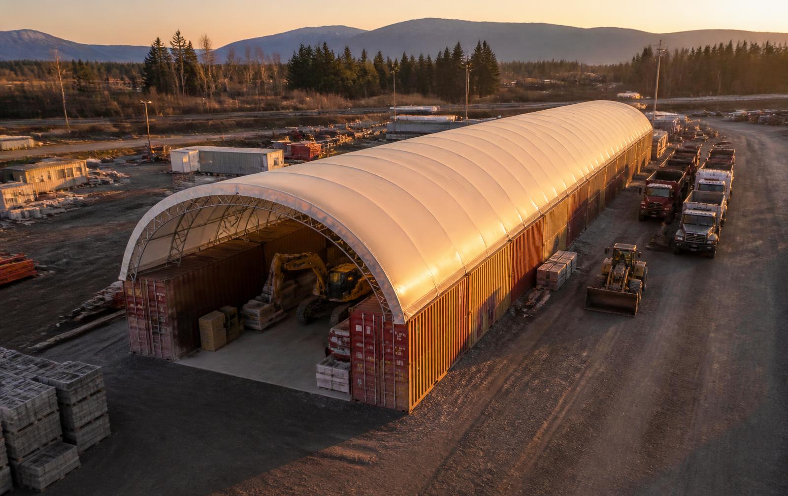 Aerial view at golden hour of a container-mounted MegaDome fabric roof on an Ontario laydown yard