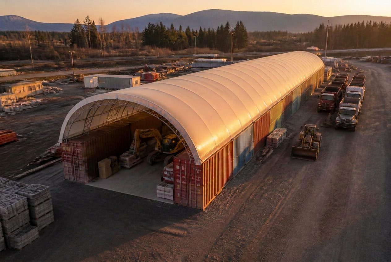 Interior of a clear-span fabric building used for equipment and unit storage