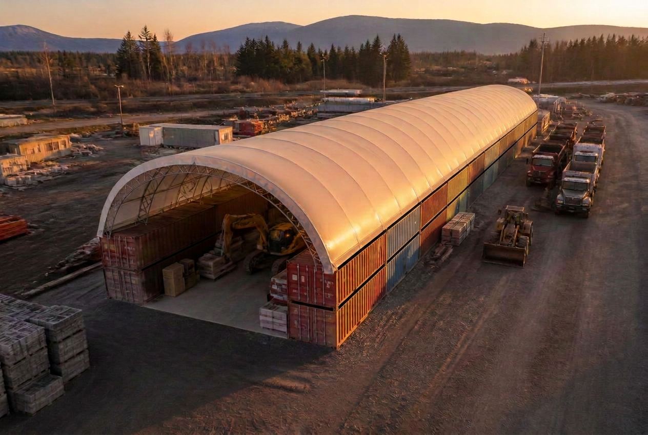 Fabric roofing building storing equipment and materials at a rural industrial yard