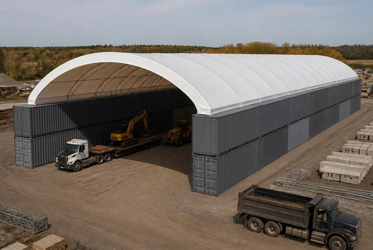 Aerial view of a MegaDome fabric roof mounted on two clearly separated rows of stacked shipping containers in an Ontario laydown yard