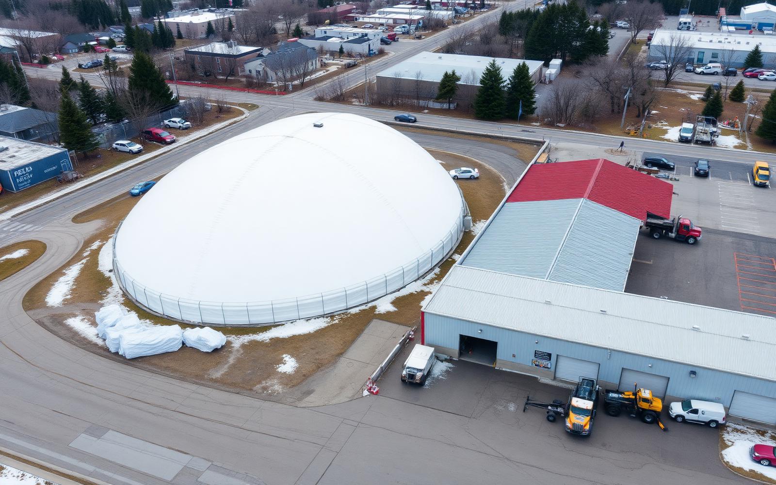 Municipal salt storage fabric building installed in Ontario by Building Depot