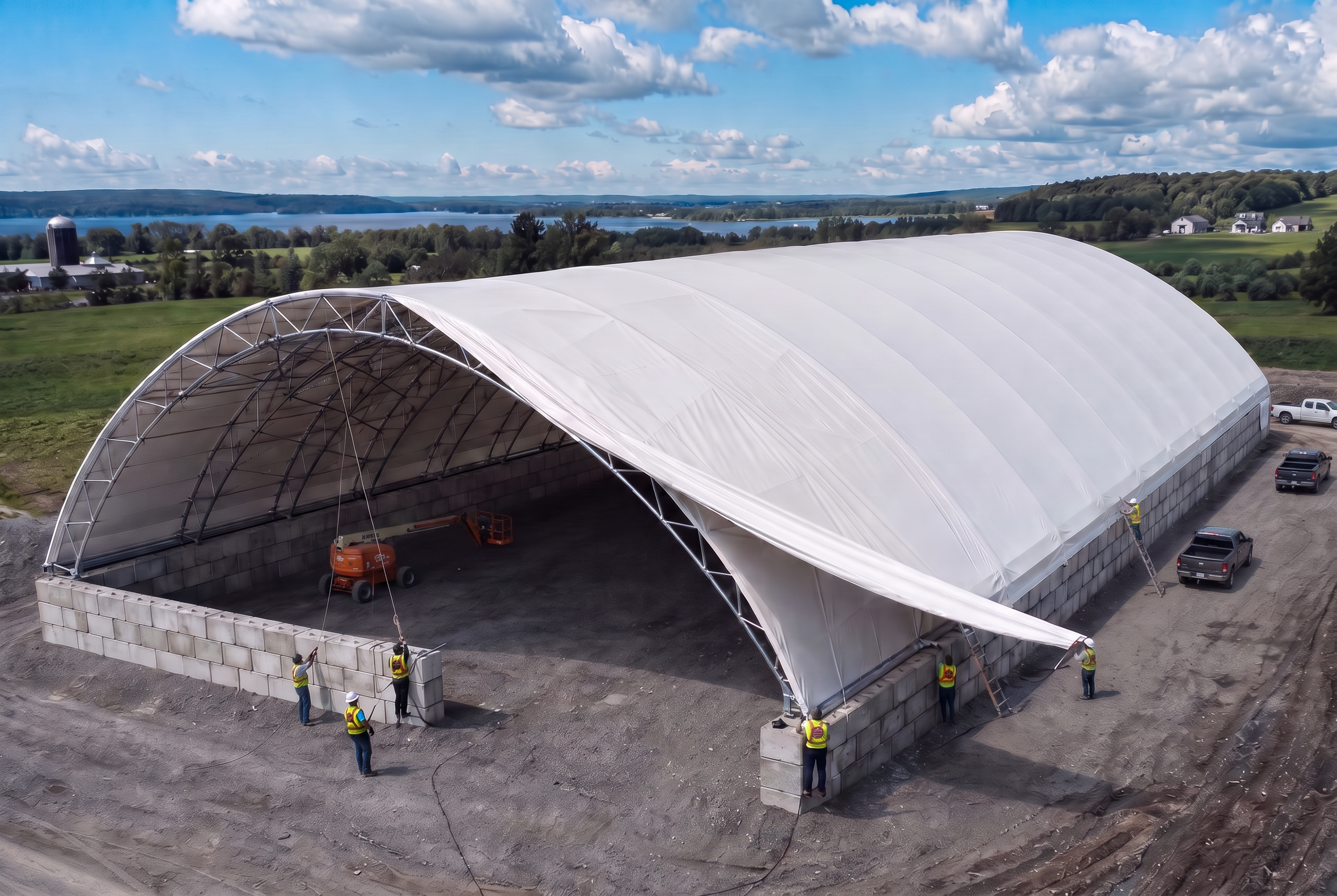 Exterior of an engineered fabric building near a waterfront site