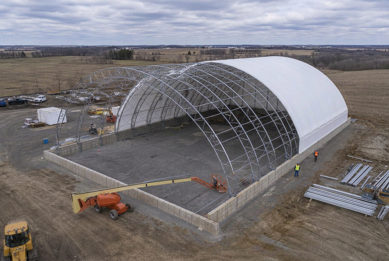 Concrete block foundation and steel frame being erected for an engineered fabric building