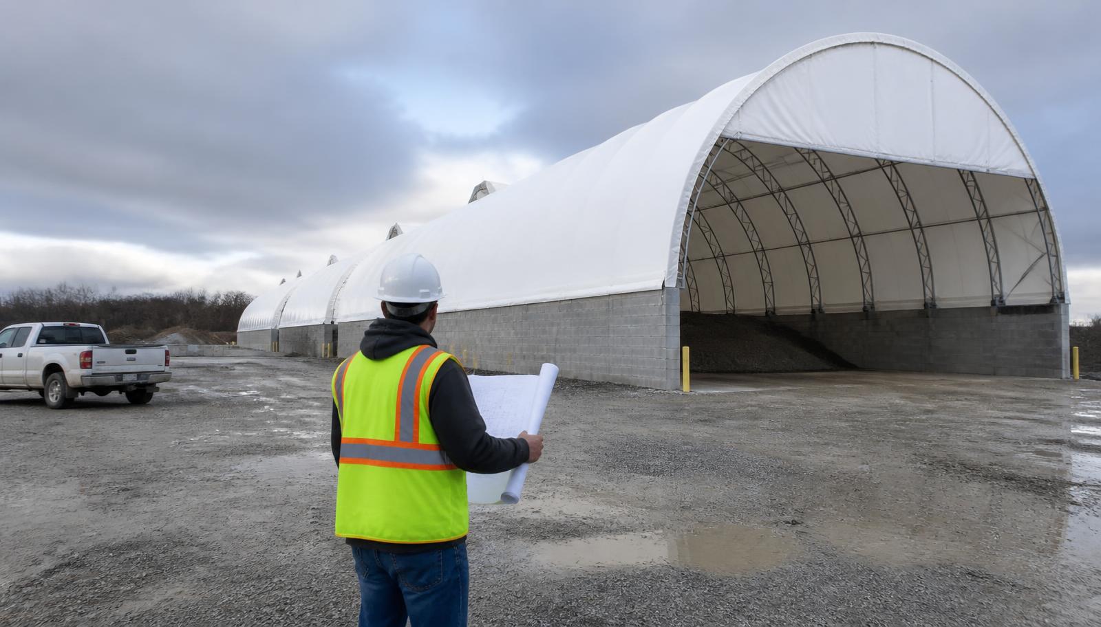 Project manager reviewing tender drawings in front of an engineered MegaDome fabric building on concrete stem walls at an Ontario public works yard