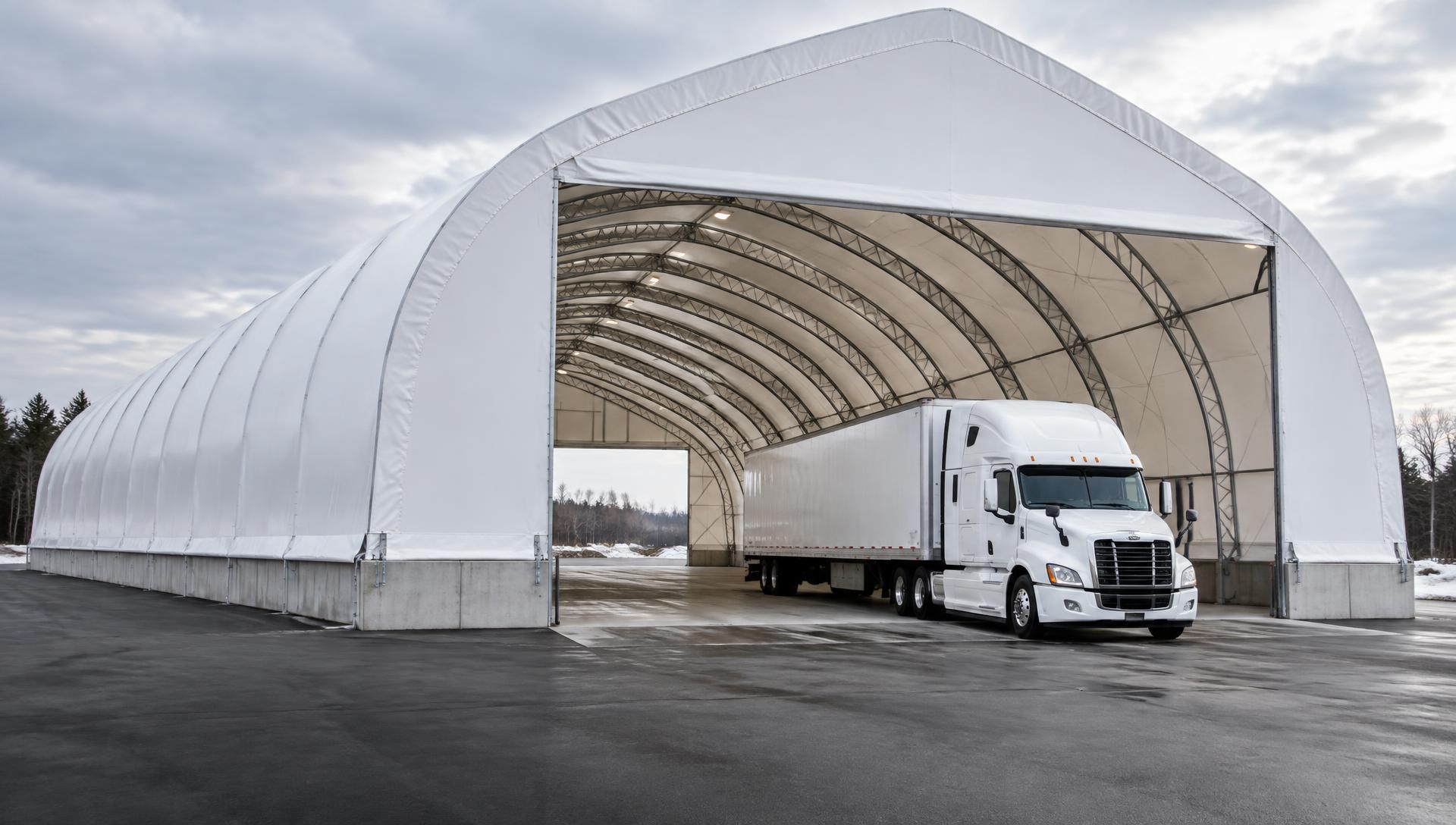 Tractor-trailer driving through a clear-span fabric transportation building