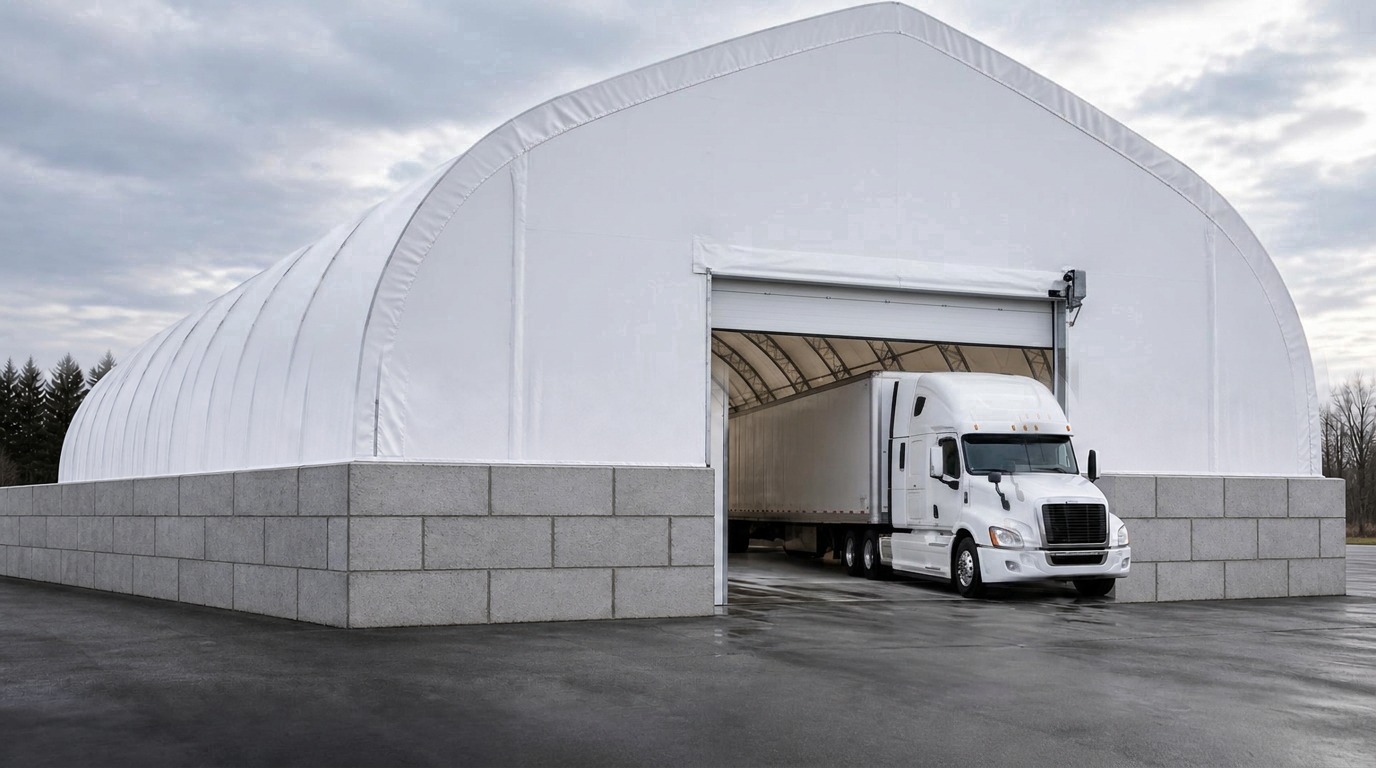 Tractor-trailer passing through a high-clearance entrance of a clear-span fabric fleet building