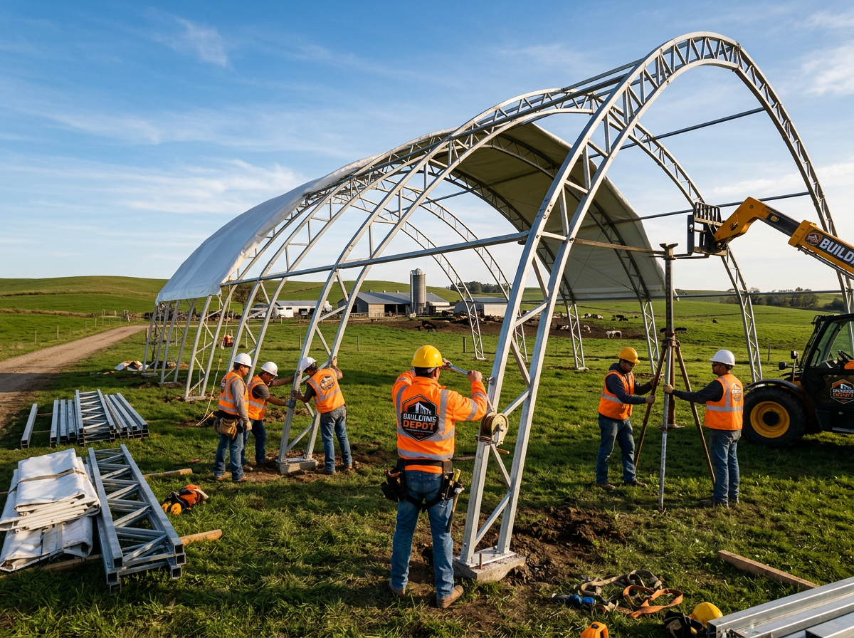 Crew assembling fabric building on a farm site