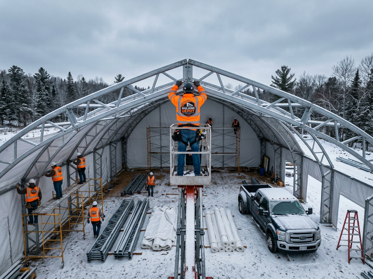 Crew installing fabric building in winter