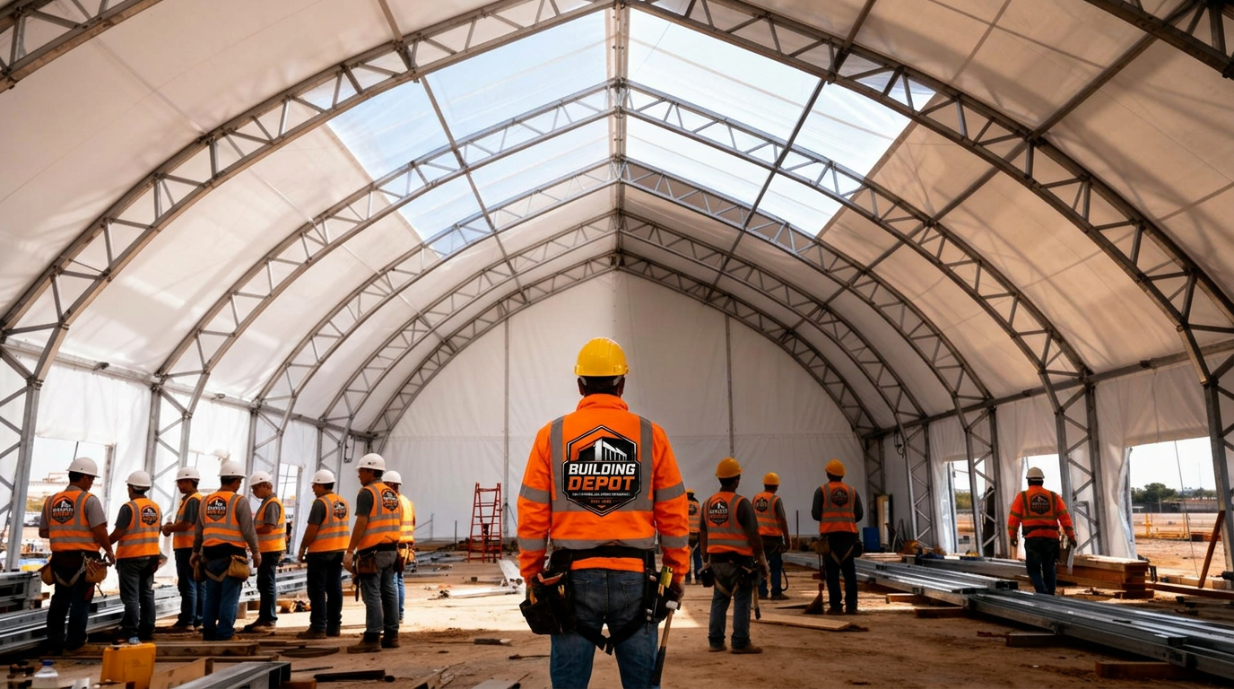Building Depot installation team working inside a fabric building