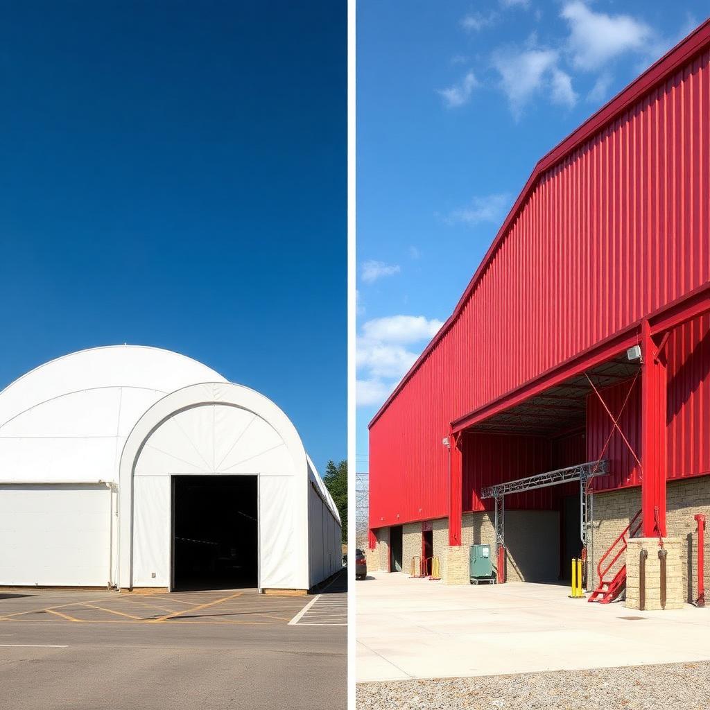 MegaDome fabric building alongside steel pre-engineered metal building Ontario