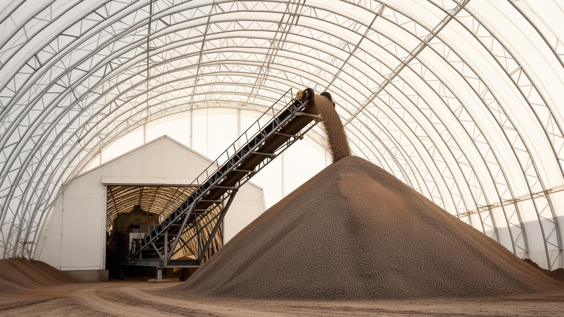 Belt conveyor stacking aggregate inside a Building Depot fabric dome