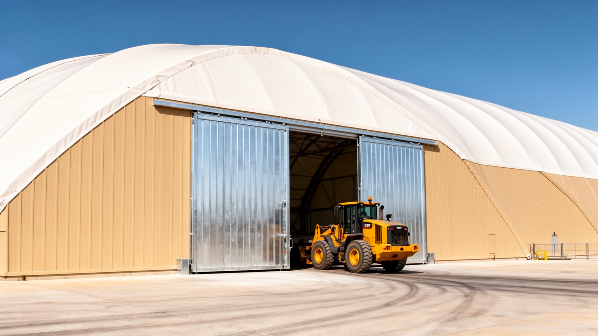 Hot-dip galvanized side door on a Building Depot fabric dome with a wheel loader