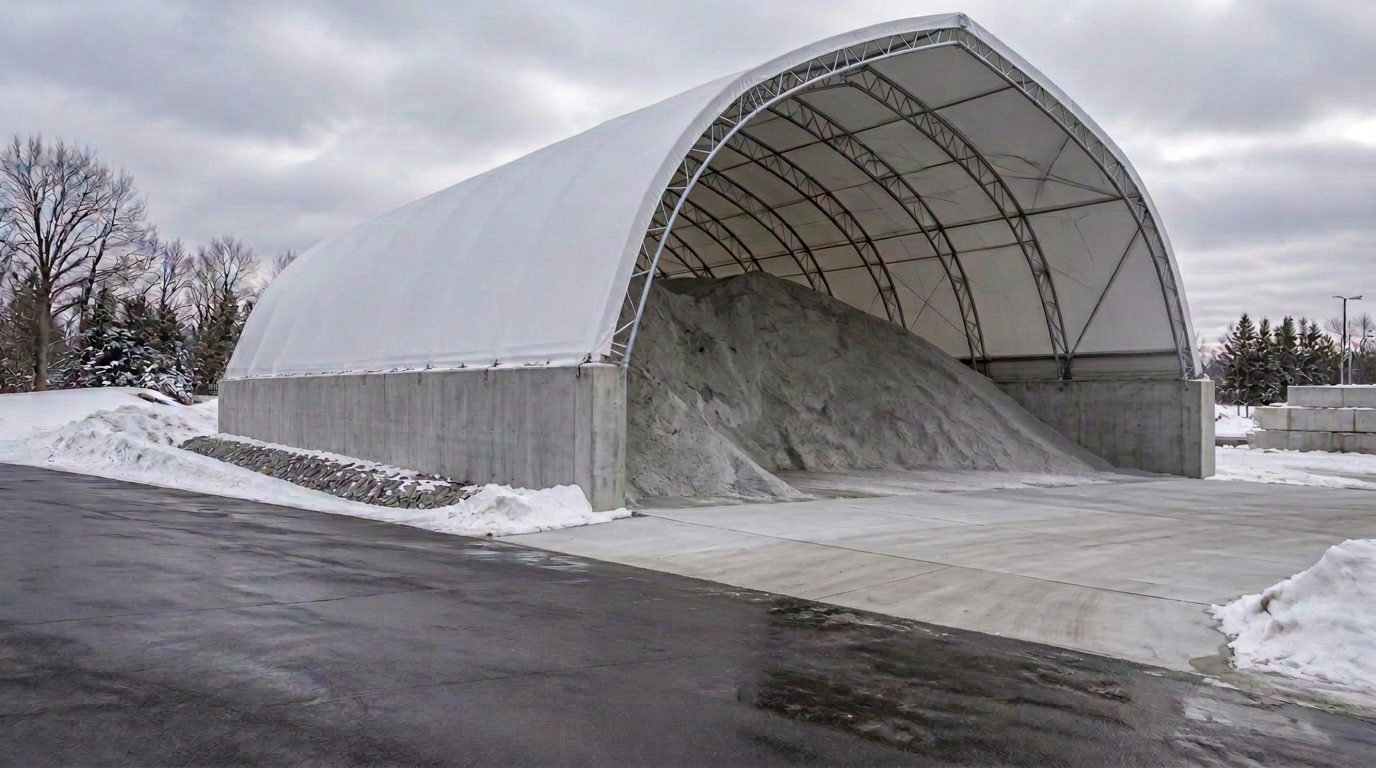 Fabric salt storage dome on a poured concrete push wall in an Ontario public works yard in winter