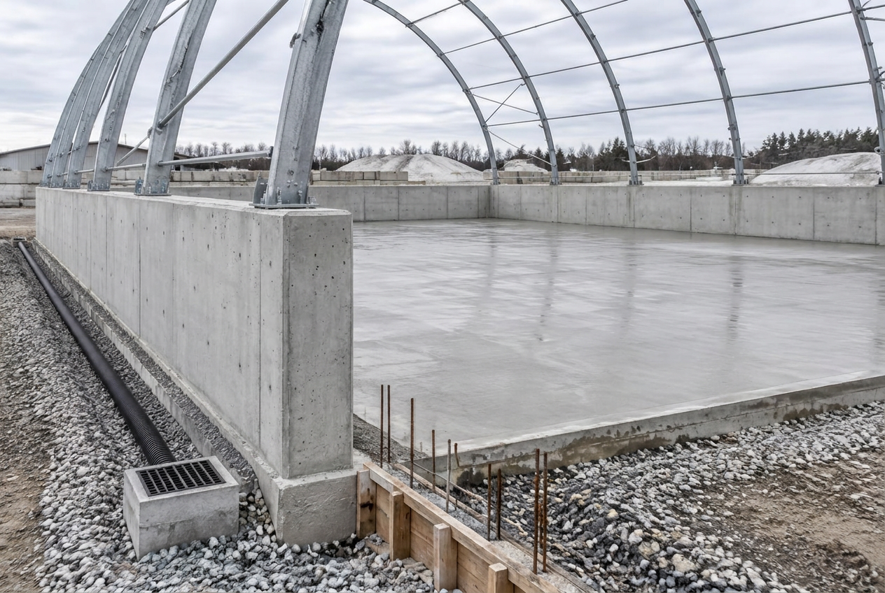 Concrete block push wall and slab with galvanized steel arches being erected for a salt storage building