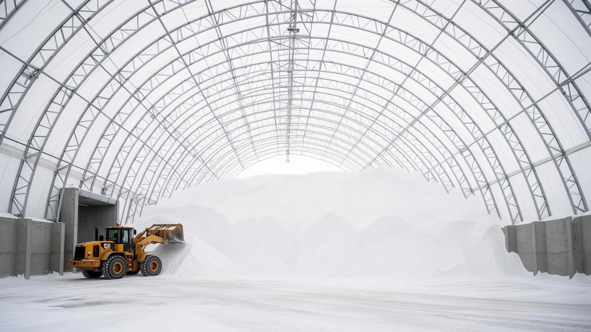 Ontario salt stockpile inside Building Depot fabric storage building