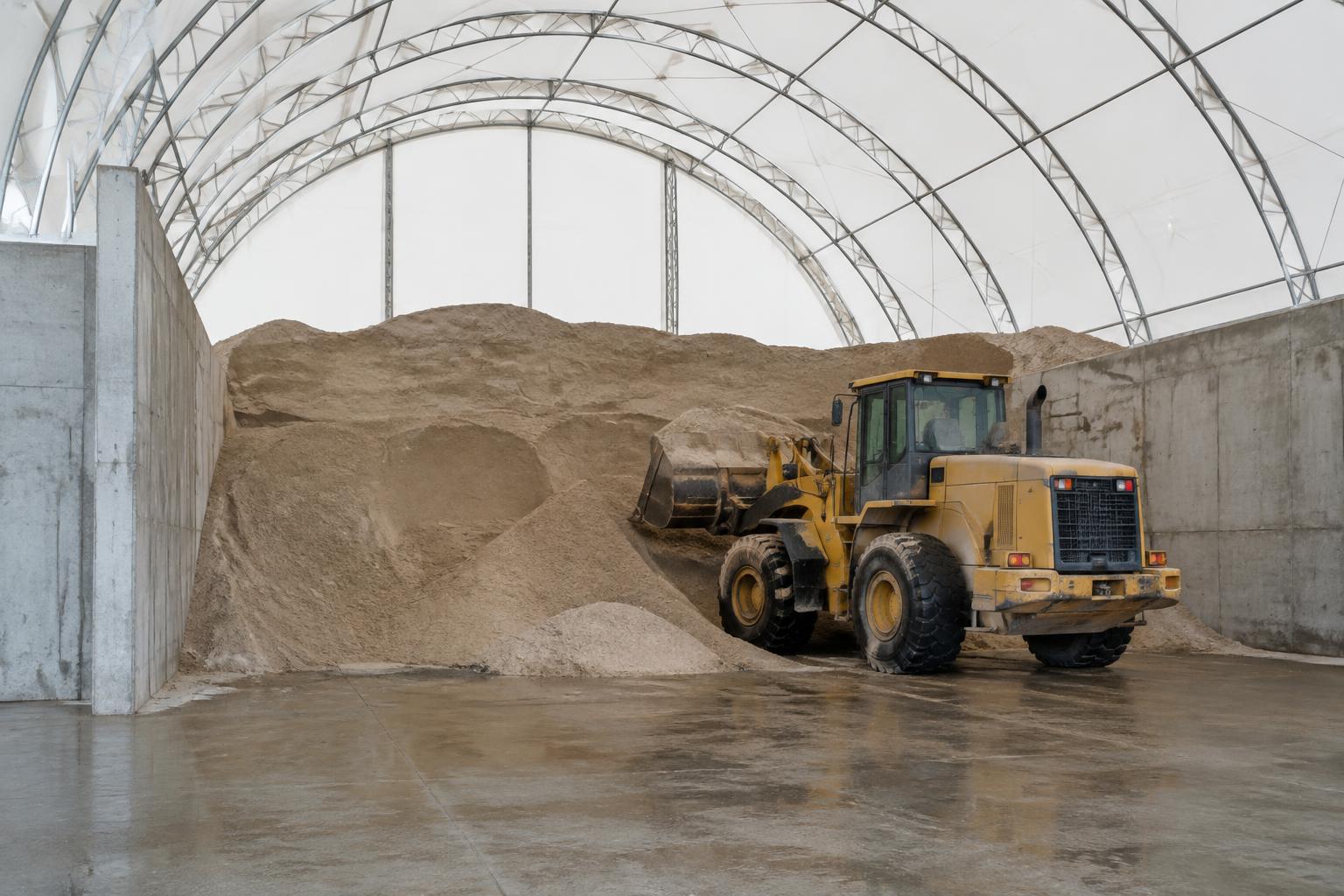 Wheel loader working a covered winter sand pile contained by poured concrete push walls inside a clear-span fabric building