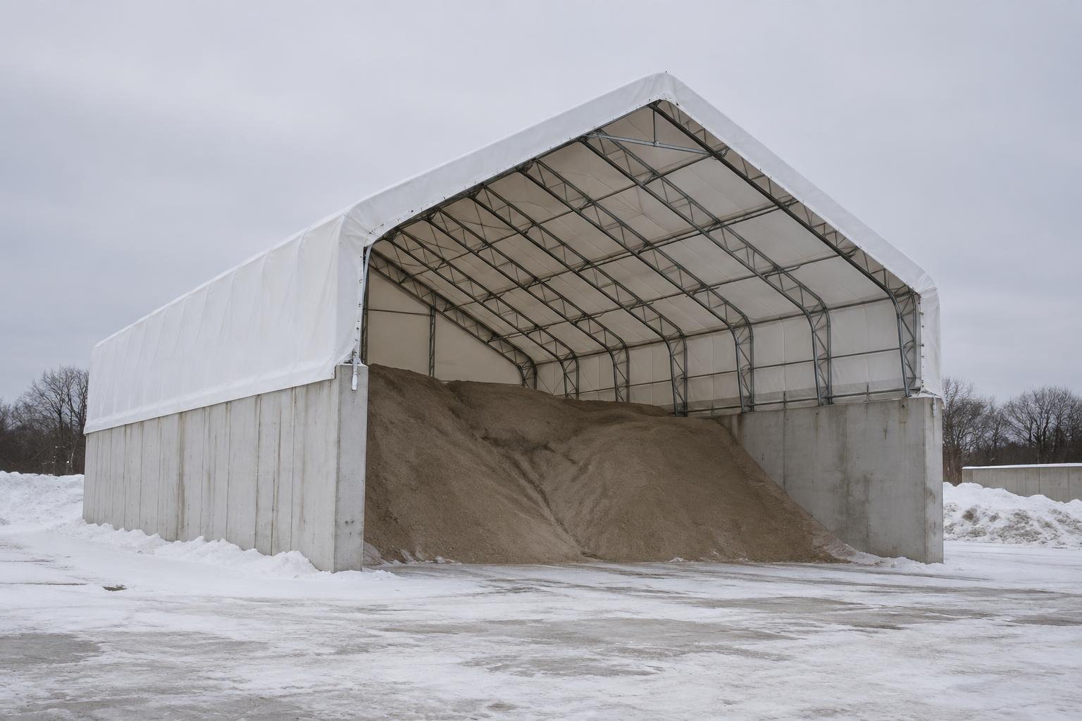 Fabric sand storage building on poured concrete walls with a fully open gable end in an Ontario works yard in winter