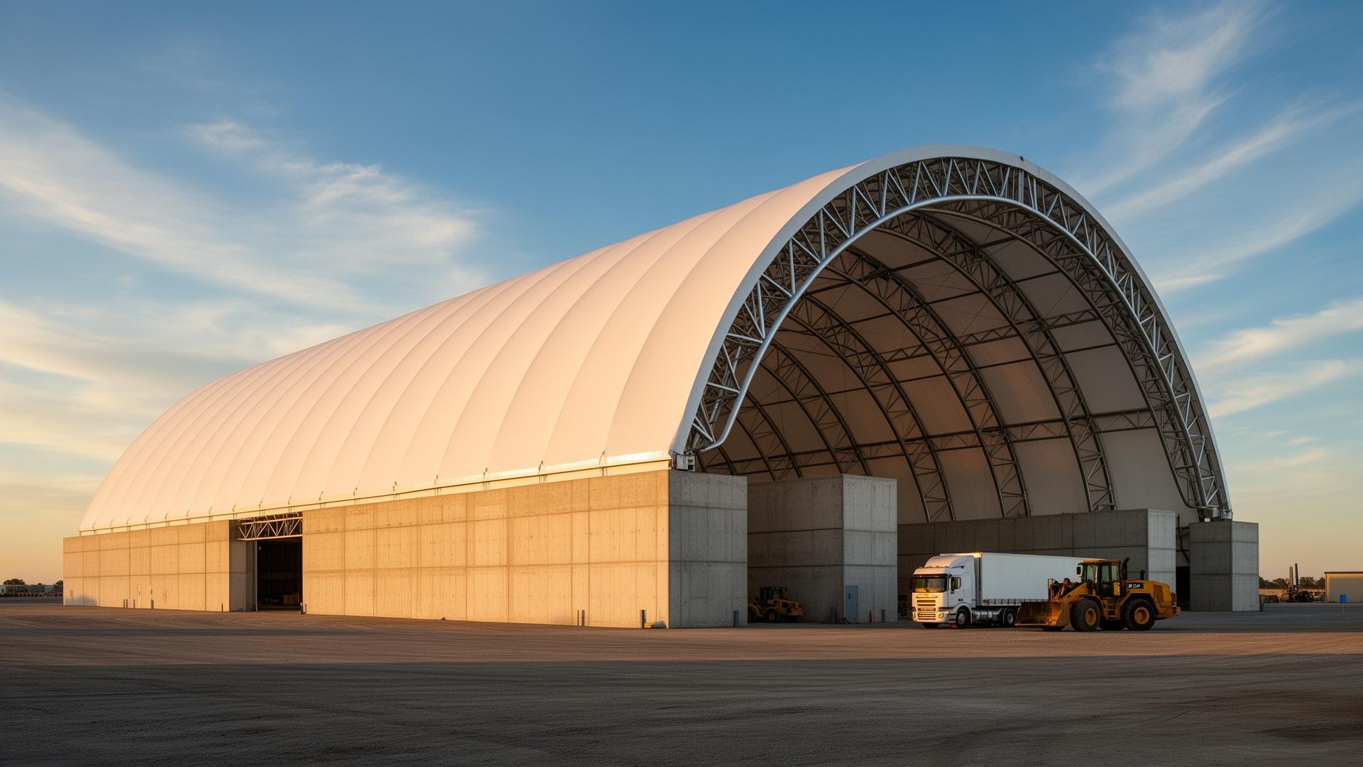 Large Building Depot fabric clear-span building with concrete push walls