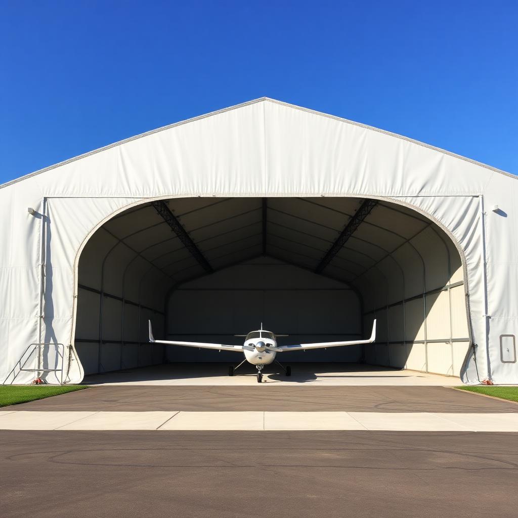 Single-engine aircraft parked nose-in inside a fabric hangar with a full-width open door