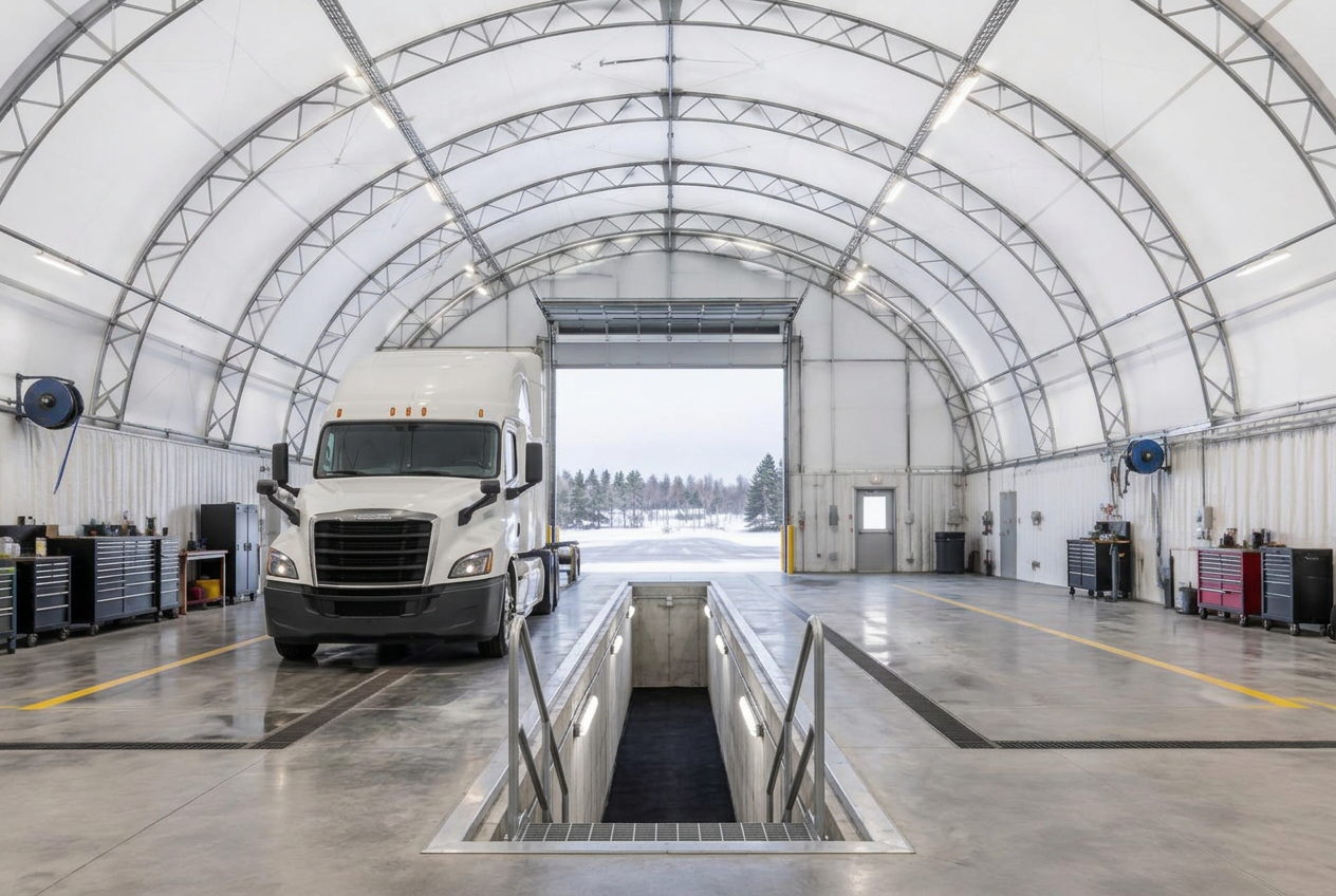 In-floor service pit inside a fabric maintenance bay with a tractor-trailer parked beside it