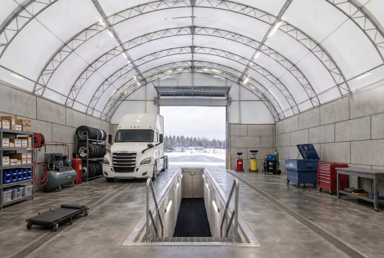 Truck parked beside a recessed inspection pit in a bright clear-span fabric maintenance building