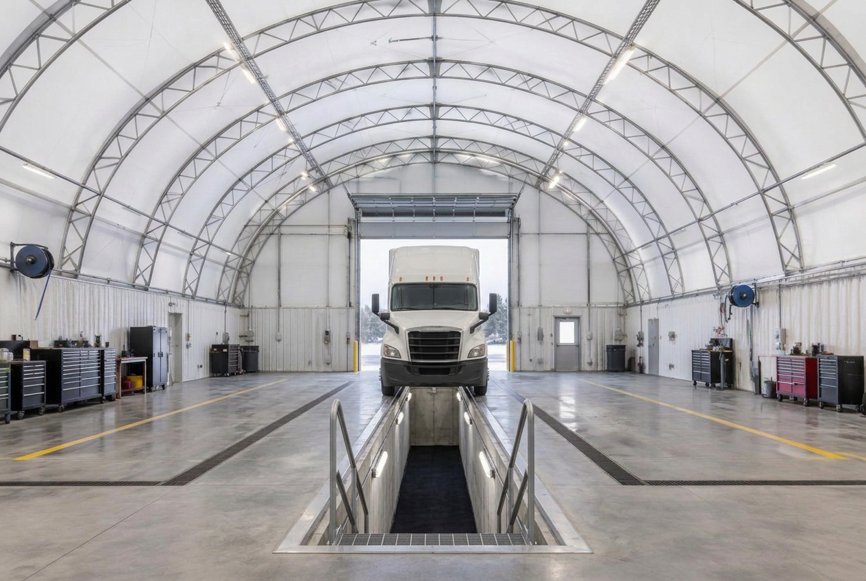 Fleet maintenance bay with pit inside a fabric public works building