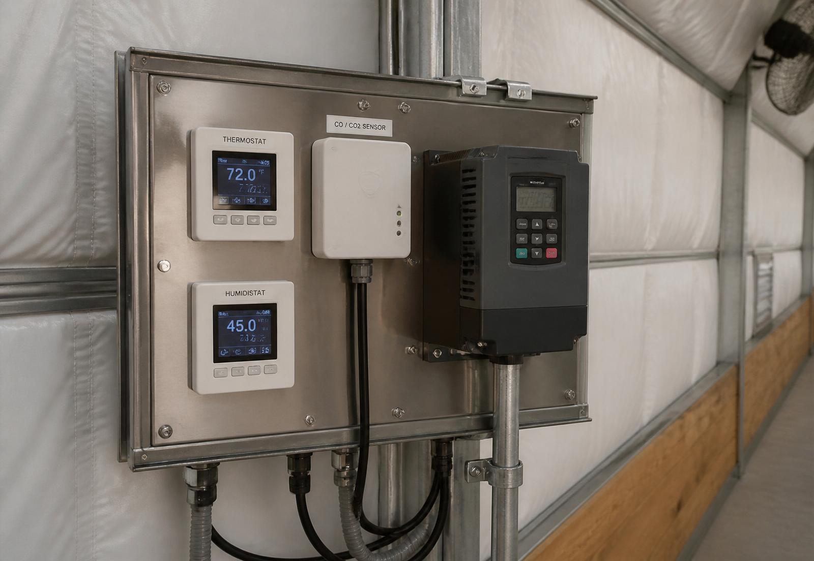 Stainless-steel ventilation control panel with thermostat, humidistat, CO/CO2 sensor and VFD drive inside a MegaDome fabric building