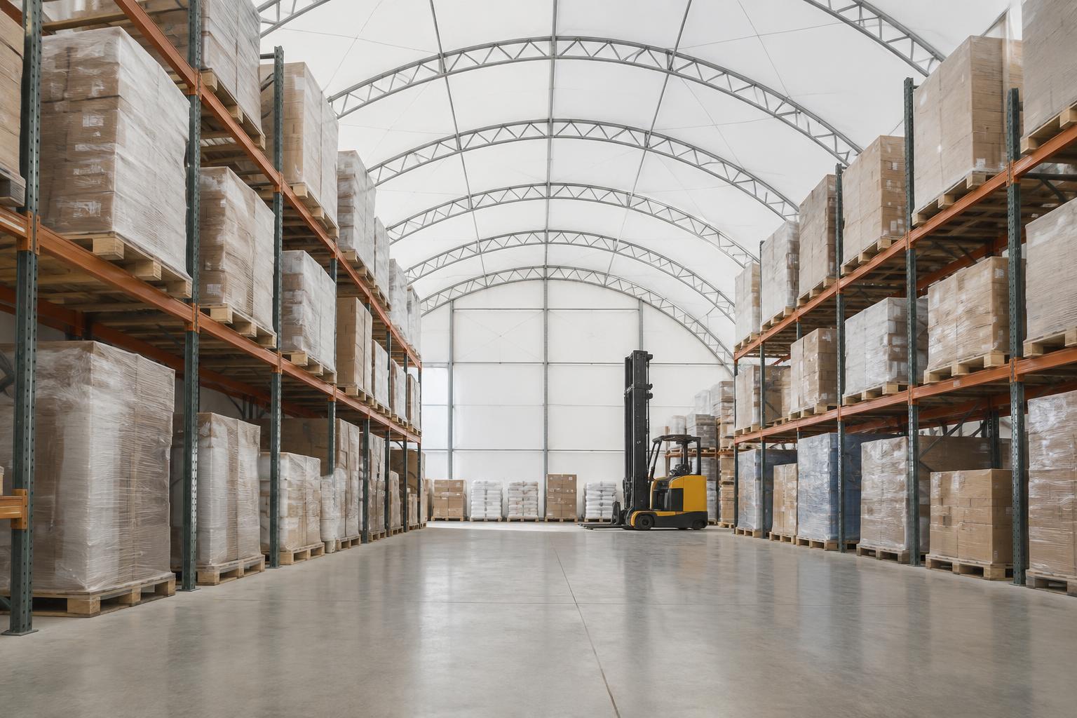 Interior of a clear-span fabric warehouse with tall pallet racking on both sides of a wide aisle